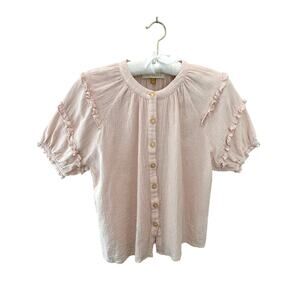 DOWNEAST | Blush Pink Ruffle Sleeve Button Blouse 100% Cotton Romantic | Small